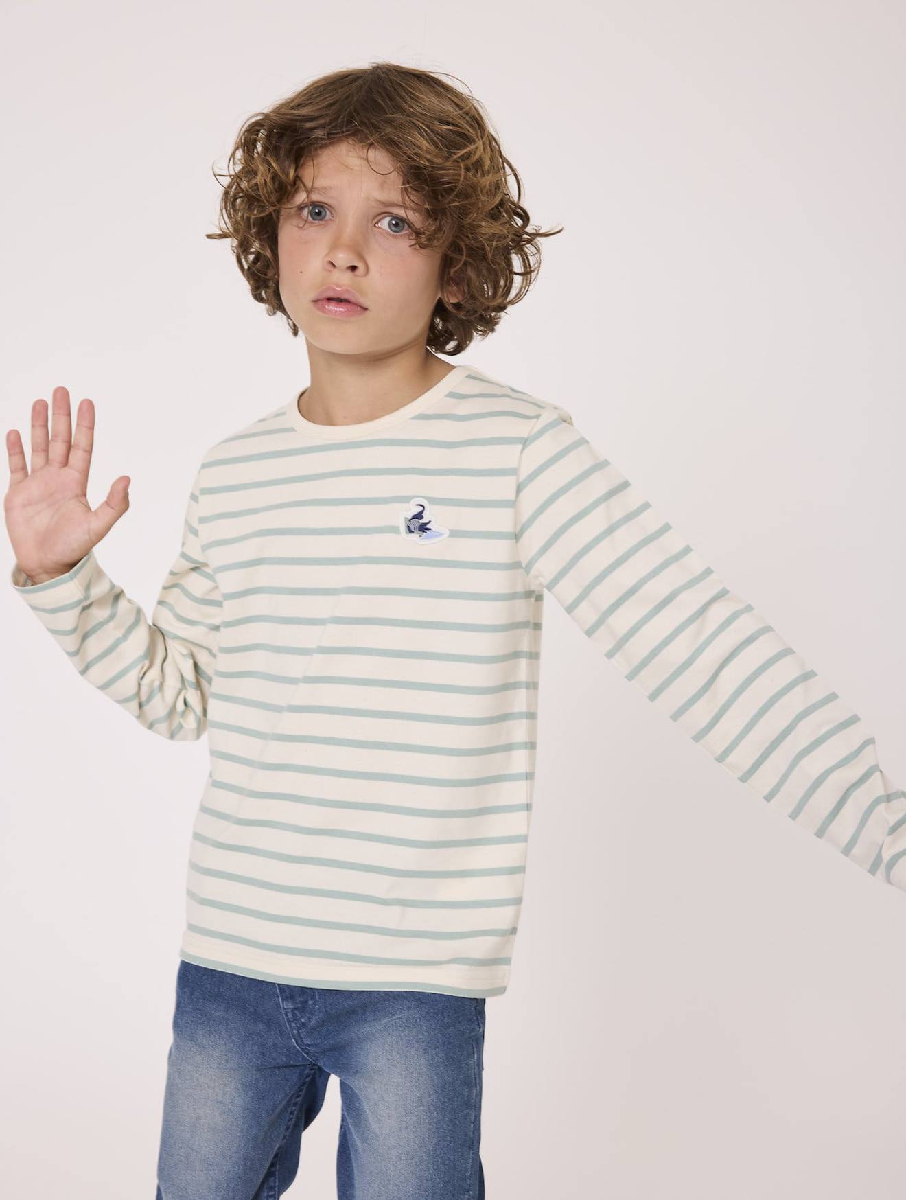 Mariniere Manches Longues 100% Coton Garçon Fond Grege Raye Vert