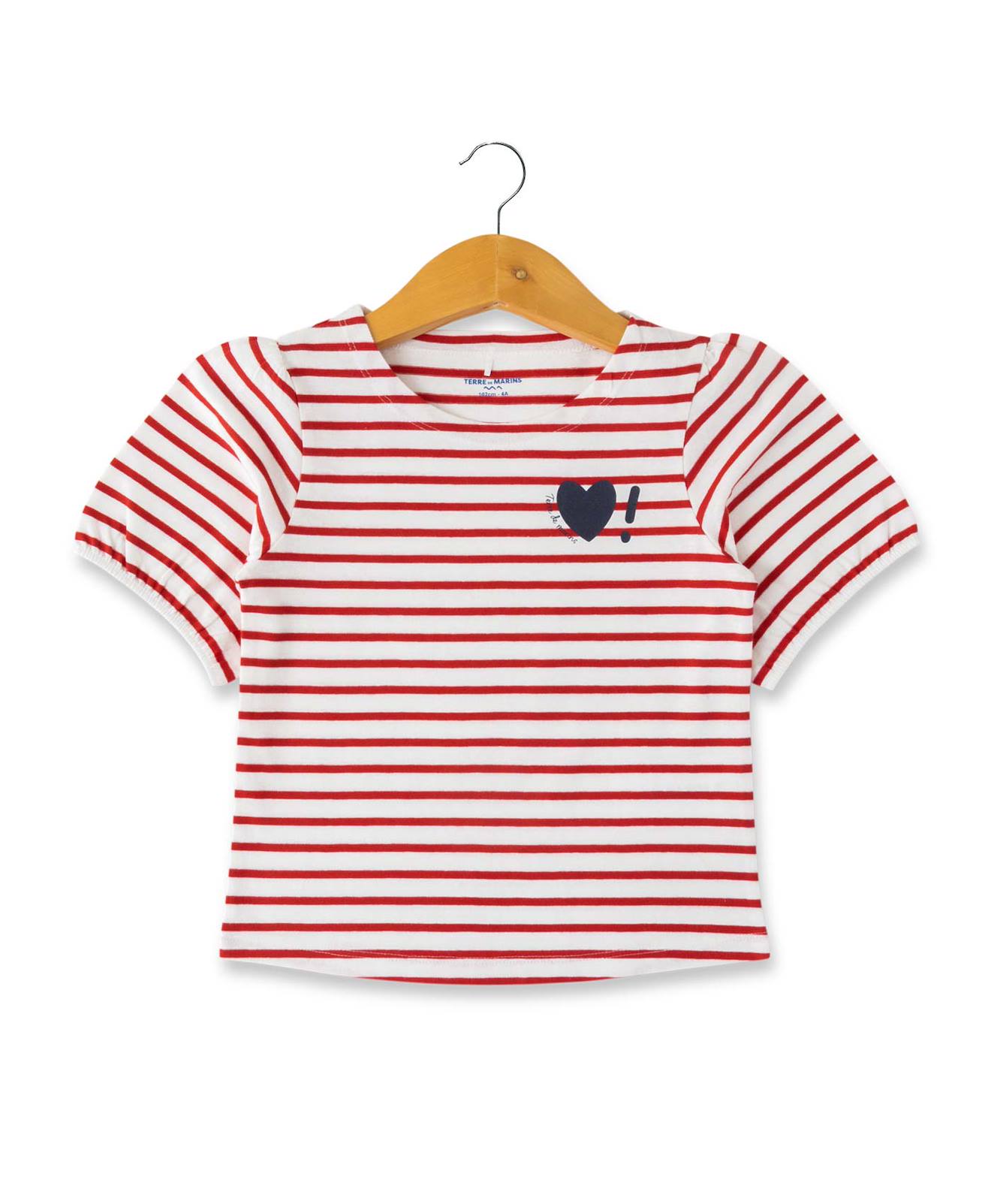 Mariniere Manches Courtes 100% Coton Fille Fond Blanc Casse Raye Rouge