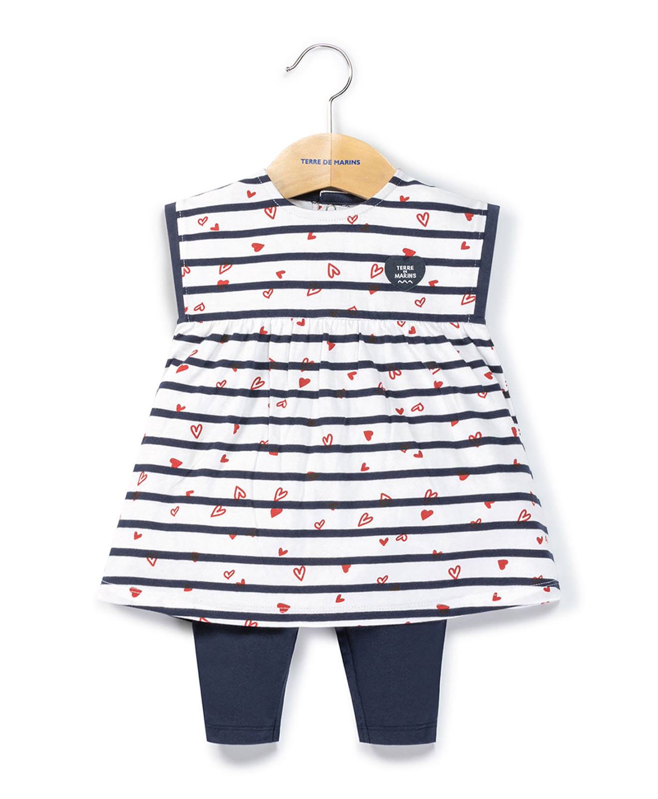 Ensemble Robe + Bas 100% Coton Bébé Fille Fond Blanc Raye Indigo
