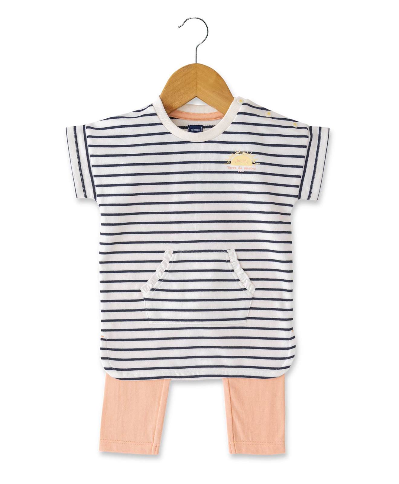 Ensemble Robe + Bas 100% Coton Bébé Fille Naturel/ Peche
