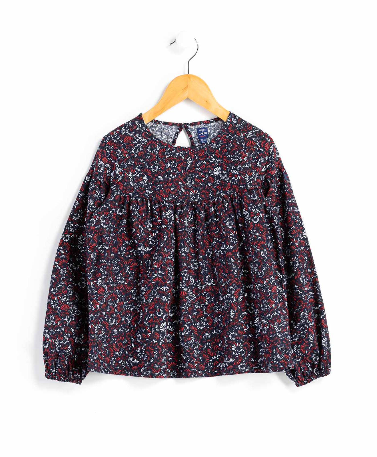 Blouse Manches Longues 100% Coton Fille Imprime Rouge