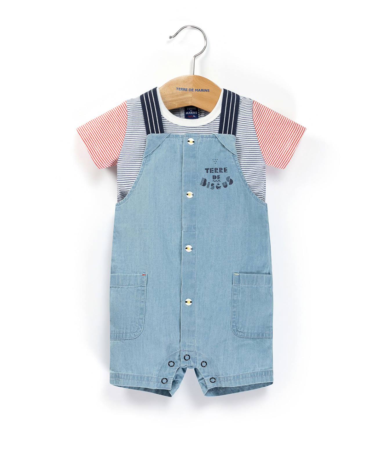 Ensemble Salopette + Haut 100% Coton Bébé Garçon Denim Clair