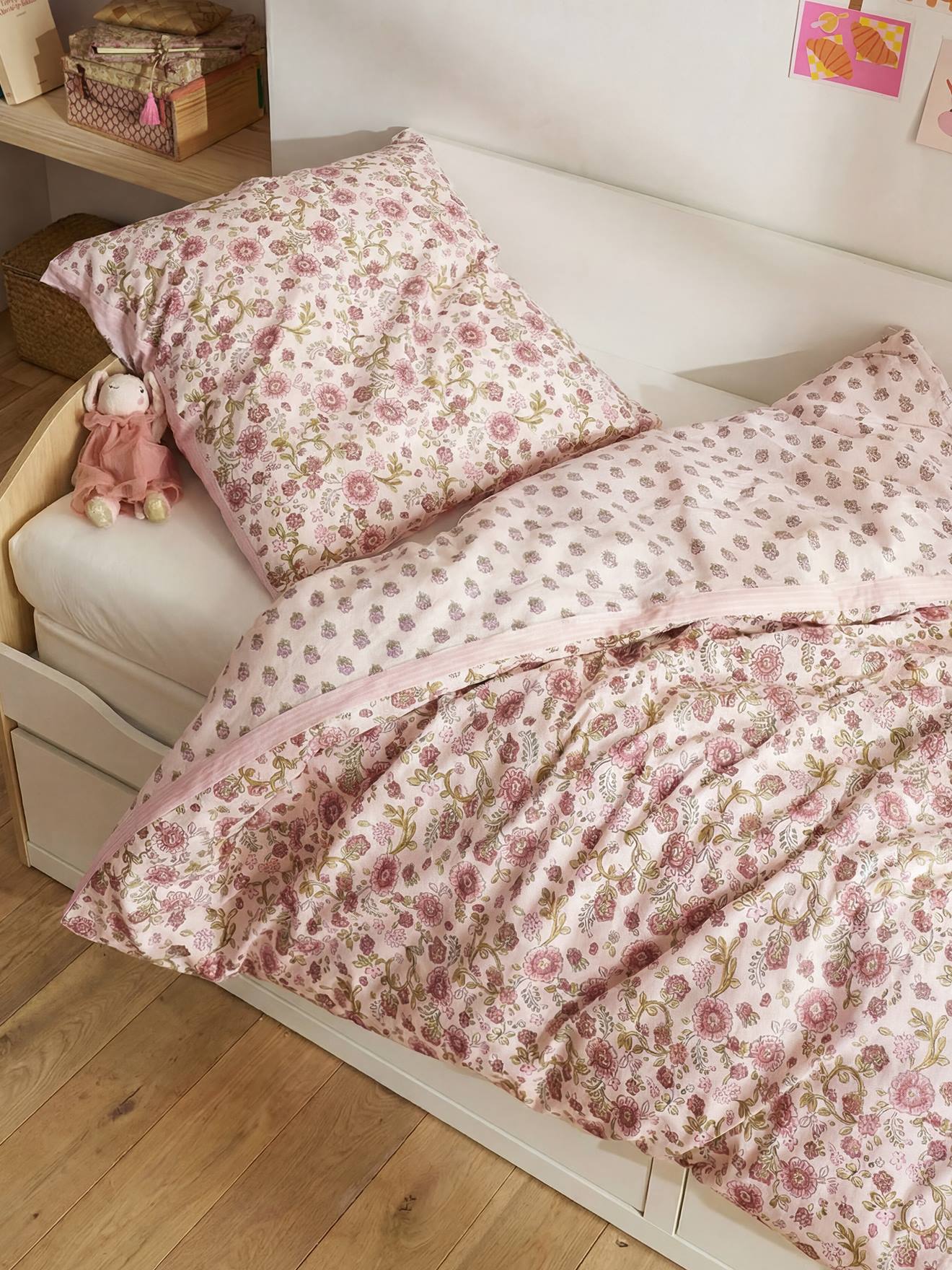 Parure housse de couette et taie d'oreiller rose imprimé