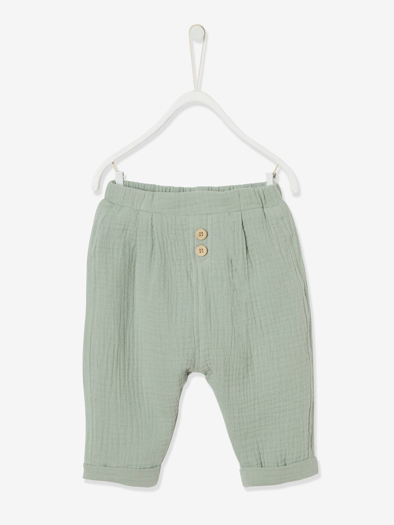 Pantalon bébé mixte coupe sarouel en gaze de coton tilleul