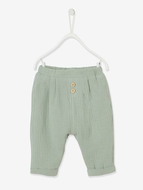 Vertbaudet - Pantalon bébé mixte coupe sarouel en gaze de coton tilleul