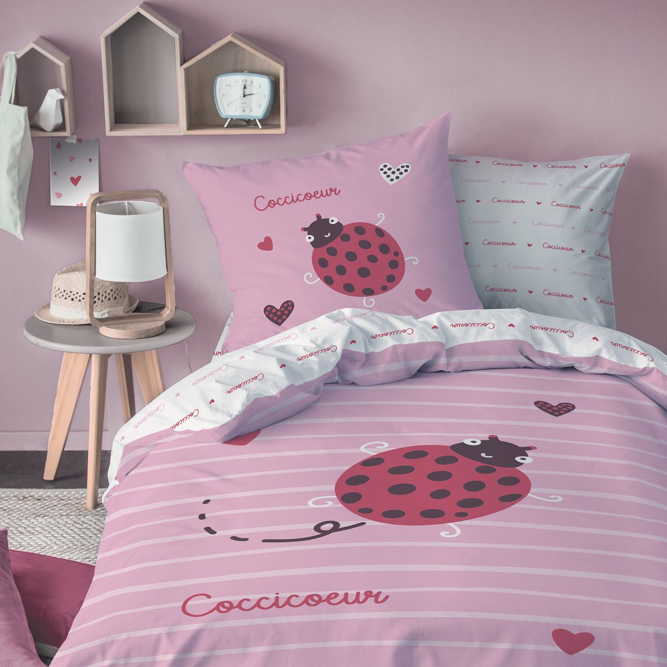 Parure De Lit Imprimée 100% Coton, Cocci Coeur Rose