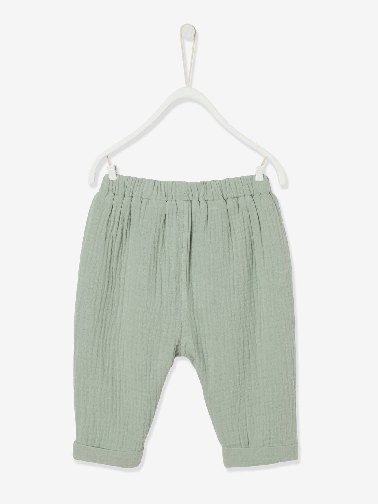 Pantalon bébé mixte coupe sarouel en gaze de coton tilleul (Vertbaudet) - Image 1