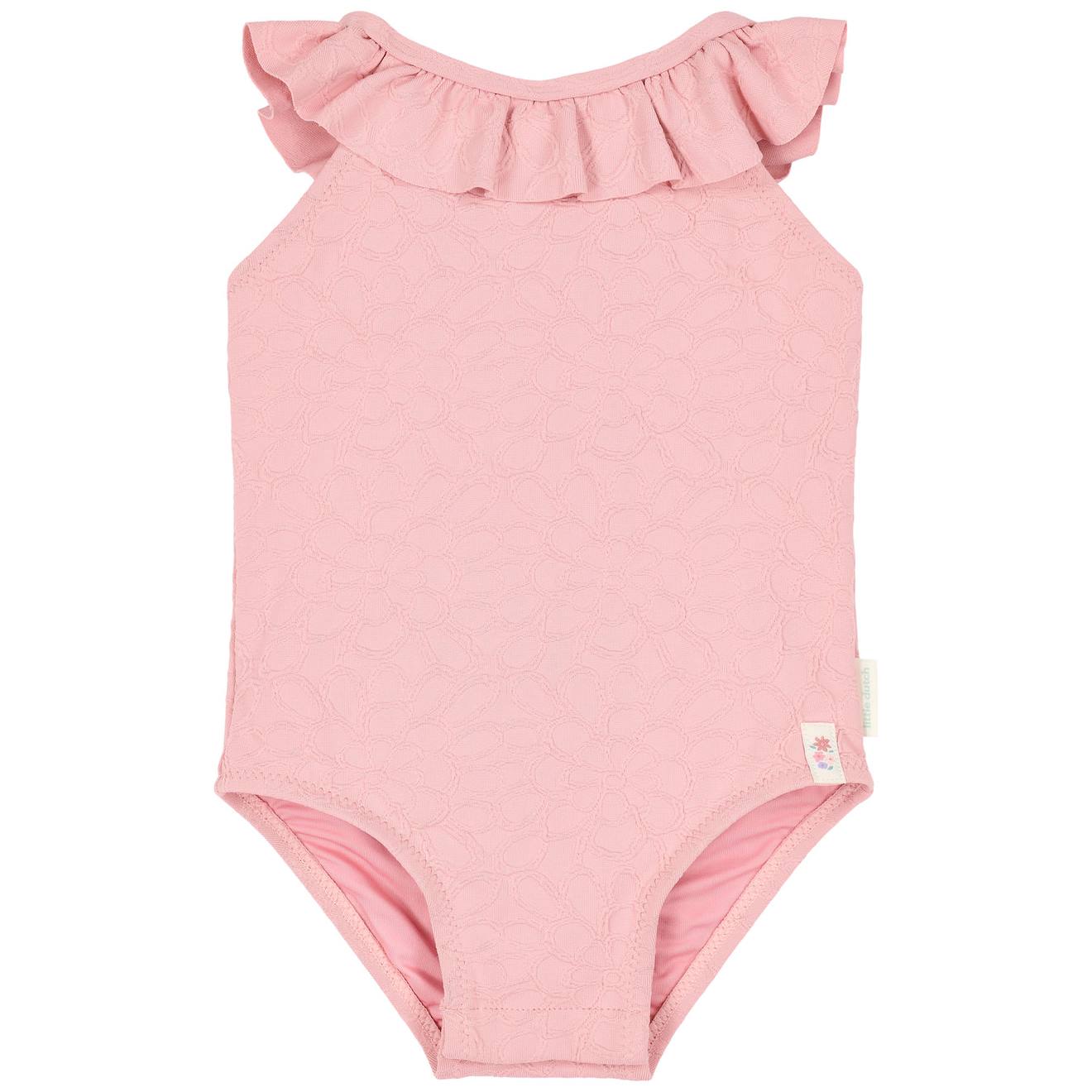 Maillot De Bain Fille 1 Pièce - Volants Et Tissu Gaufré Fleuri Rose