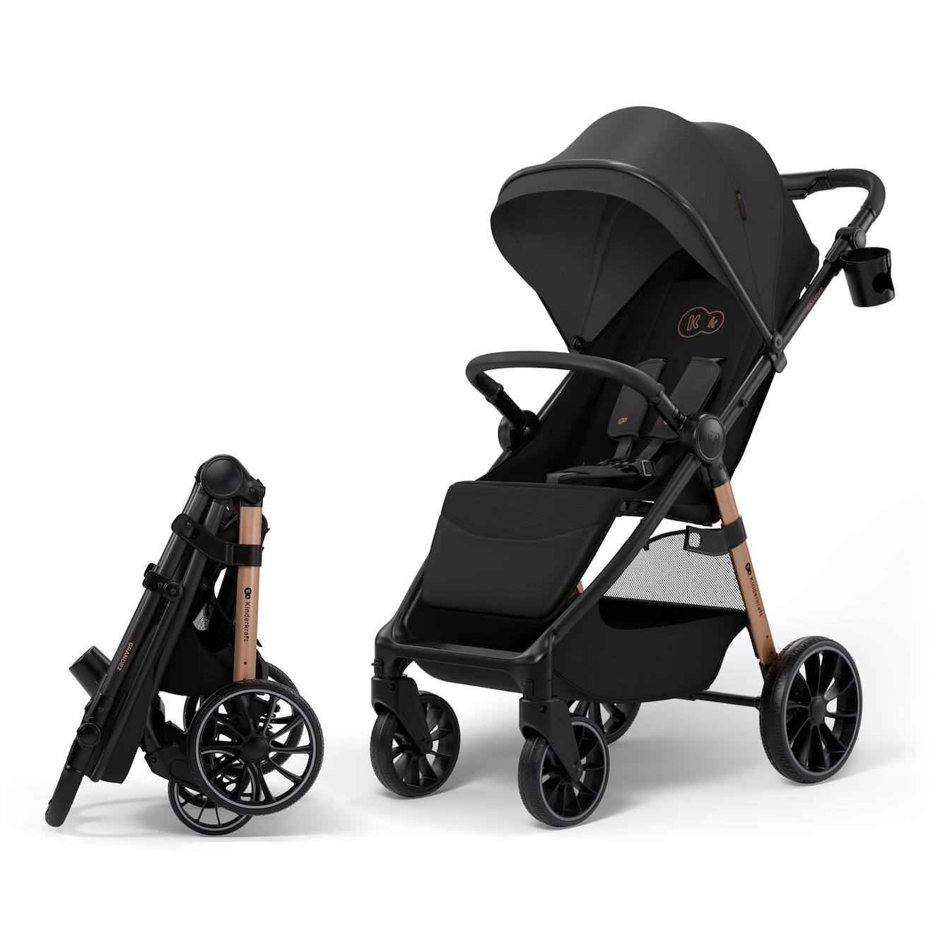 Poussette Grande 2 Avec Grandes Roues Amorties, Click&fold Pliage À Une Main, Siège Spacieux, Harnais 5 Points, Arceau De Sécurité, Poignée Réglable, Porte-gobelet, Jusqu’à 22 Kg . Noir
