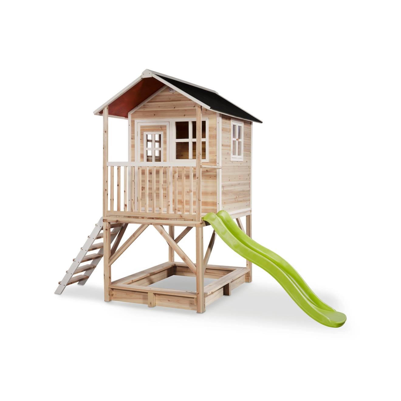 Cabane En Bois Loft - Avec Toboggan, Véranda Et Bac À Sable Naturel