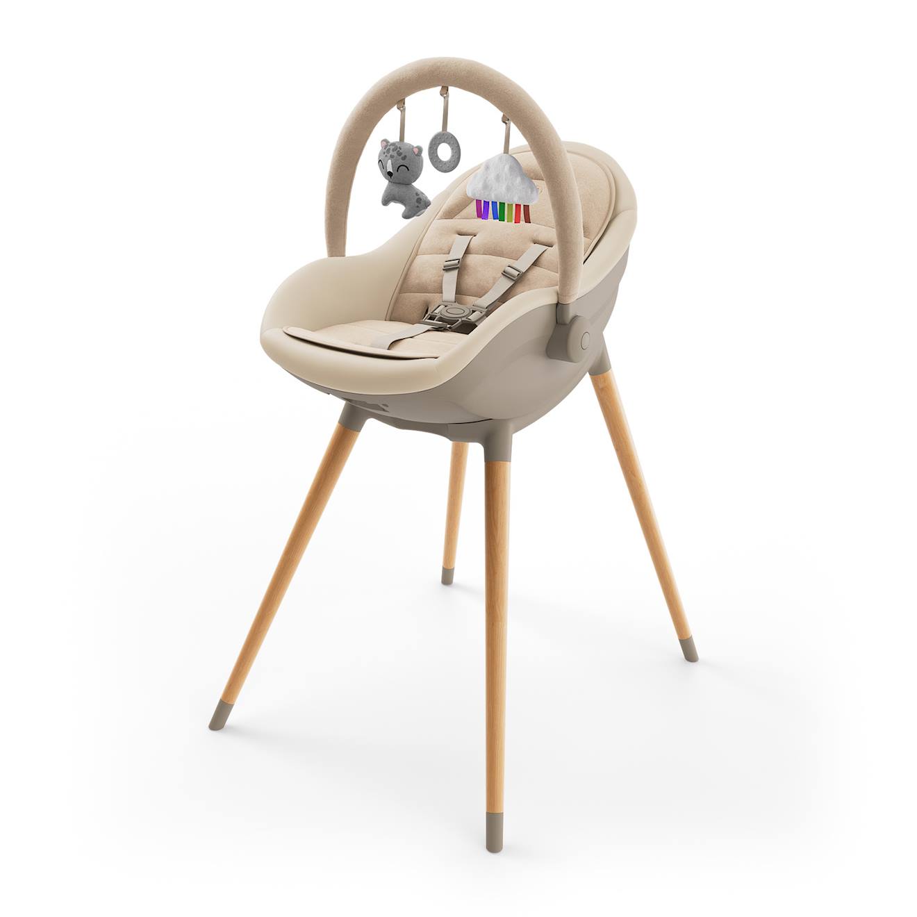 Chaise Haute 3-en-1 Fini Up, Évolutive Transat Et Repas Avec Double Plateau, Harnais 5 Points, Réglable, Insert Nouveau-né, Arche Jouets, Pieds Bois, Facile À Nettoyer Beige