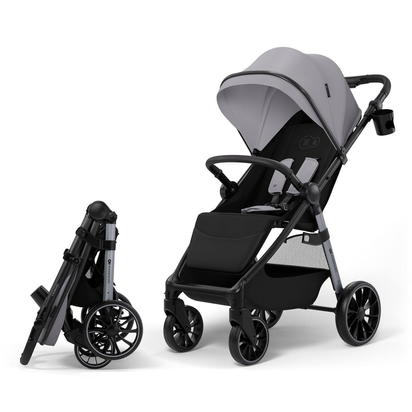 Poussette Grande 2 Avec Grandes Roues Amorties, Click&fold Pliage À Une Main, Siège Spacieux, Harnais 5 Points, Arceau De Sécurité, Poignée Réglable, Porte-gobelet, Jusqu’à 22 Kg . Gris