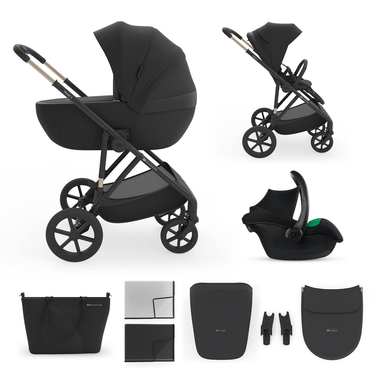 Poussette 3-en-1 Prime 3 Légère Avec Grandes Roues 8/12, Conduite À Une Main, Memory Buttons, Siège Été Avec Panneau Mesh, Pliage Compact, Habillage Pluie, Moustiquaire, Siège-auto Mink Pro 2 Inclus Noir