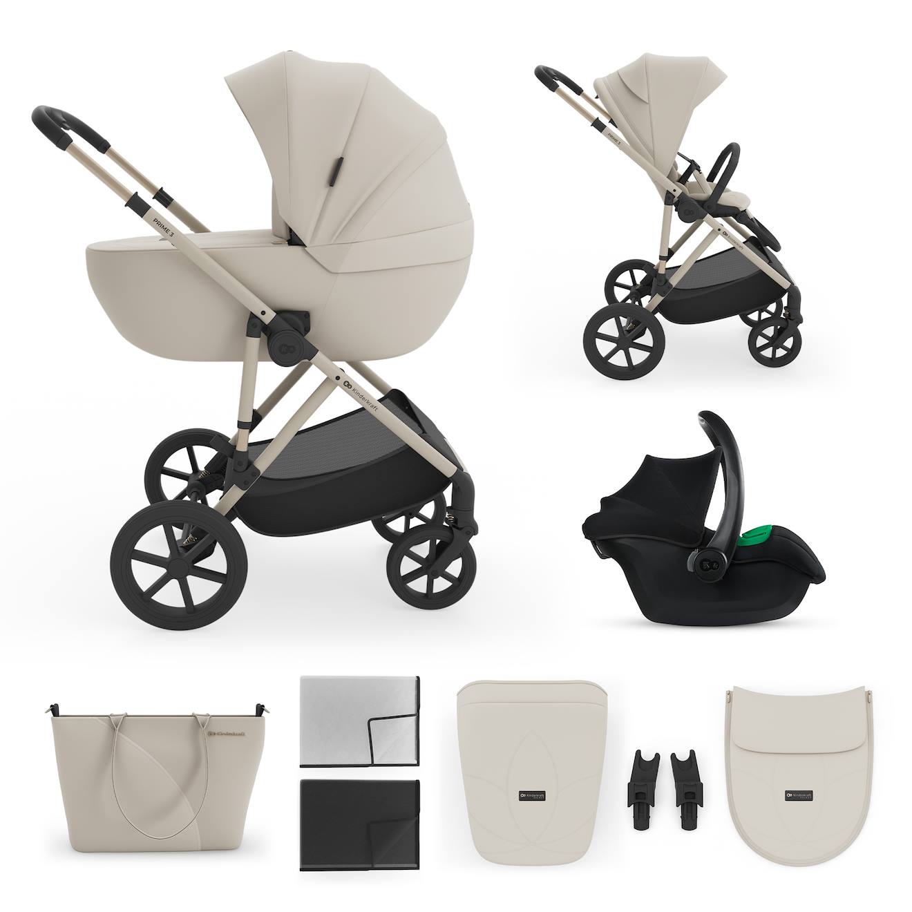 Poussette 3-en-1 Prime 3 Légère Avec Grandes Roues 8/12, Conduite À Une Main, Memory Buttons, Siège Été Avec Panneau Mesh, Pliage Compact, Habillage Pluie, Moustiquaire, Siège-auto Mink Pro 2 Inclus Beige