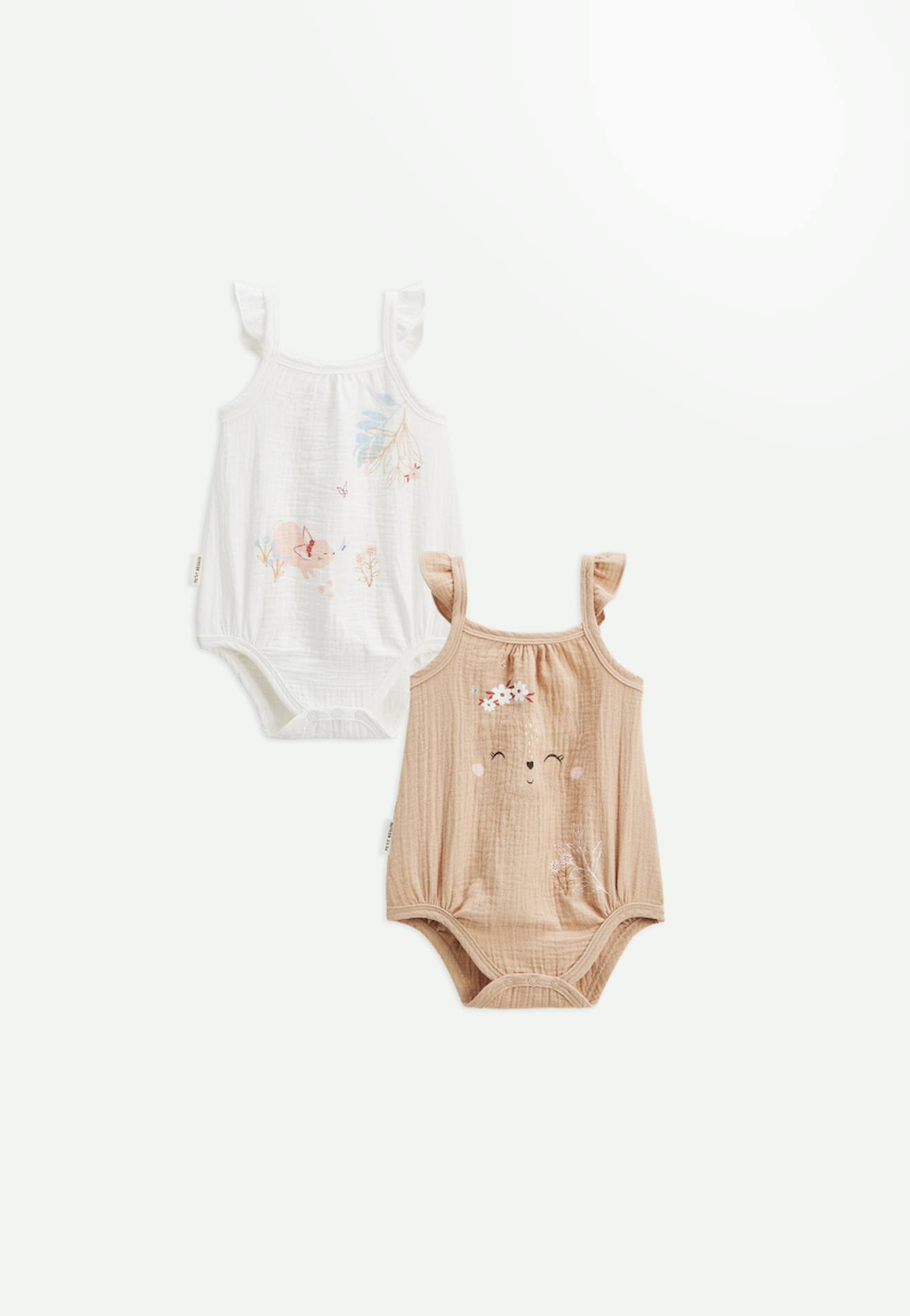 Lot De 2 Barboteuses Bloomer Bébé En Gaze De Coton Praline Ecru Lot De 2 Barboteuses Bloomer Bébé En Gaze De Coton Praline Ecru