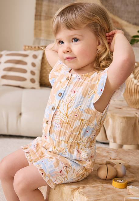 Bébé-Salopette, combinaison-Combishort bébé en gaze de coton praline