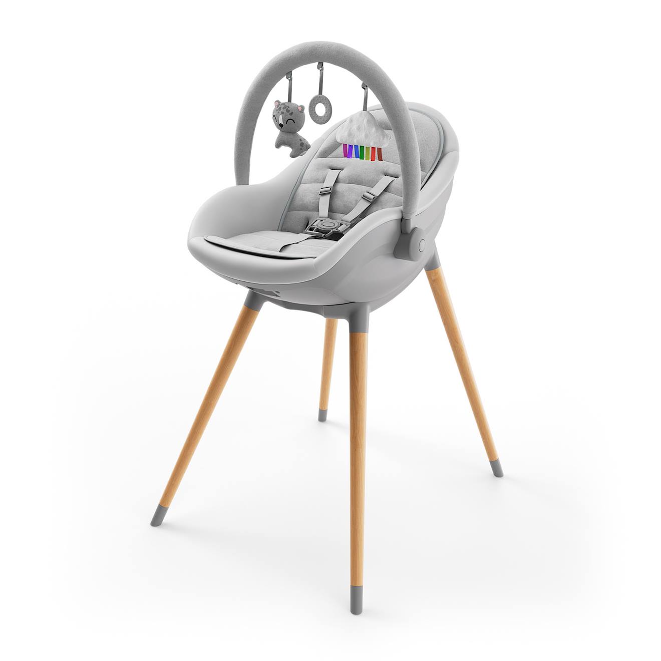 Chaise Haute 3-en-1 Fini Up, Évolutive Transat Et Repas Avec Double Plateau, Harnais 5 Points, Réglable, Insert Nouveau-né, Arche Jouets, Pieds Bois, Facile À Nettoyer Gris