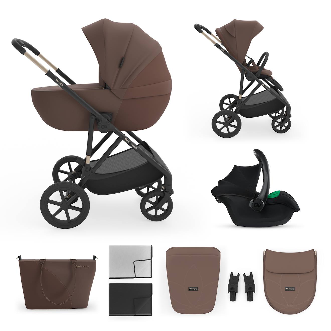 Poussette 3-en-1 Prime 3 Légère Avec Grandes Roues 8/12, Conduite À Une Main, Memory Buttons, Siège Été Avec Panneau Mesh, Pliage Compact, Habillage Pluie, Moustiquaire, Siège-auto Mink Pro 2 Inclus Brun