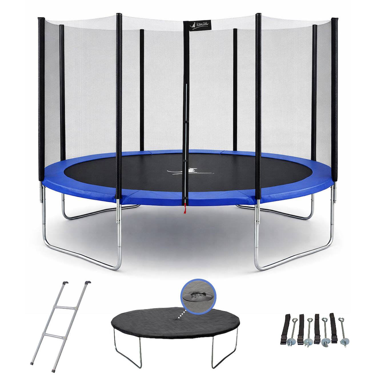 Trampoline Rond Bleu Ø 430cm Avec Filet, Échelle, Bâche Et Kit Ancrage Bleu