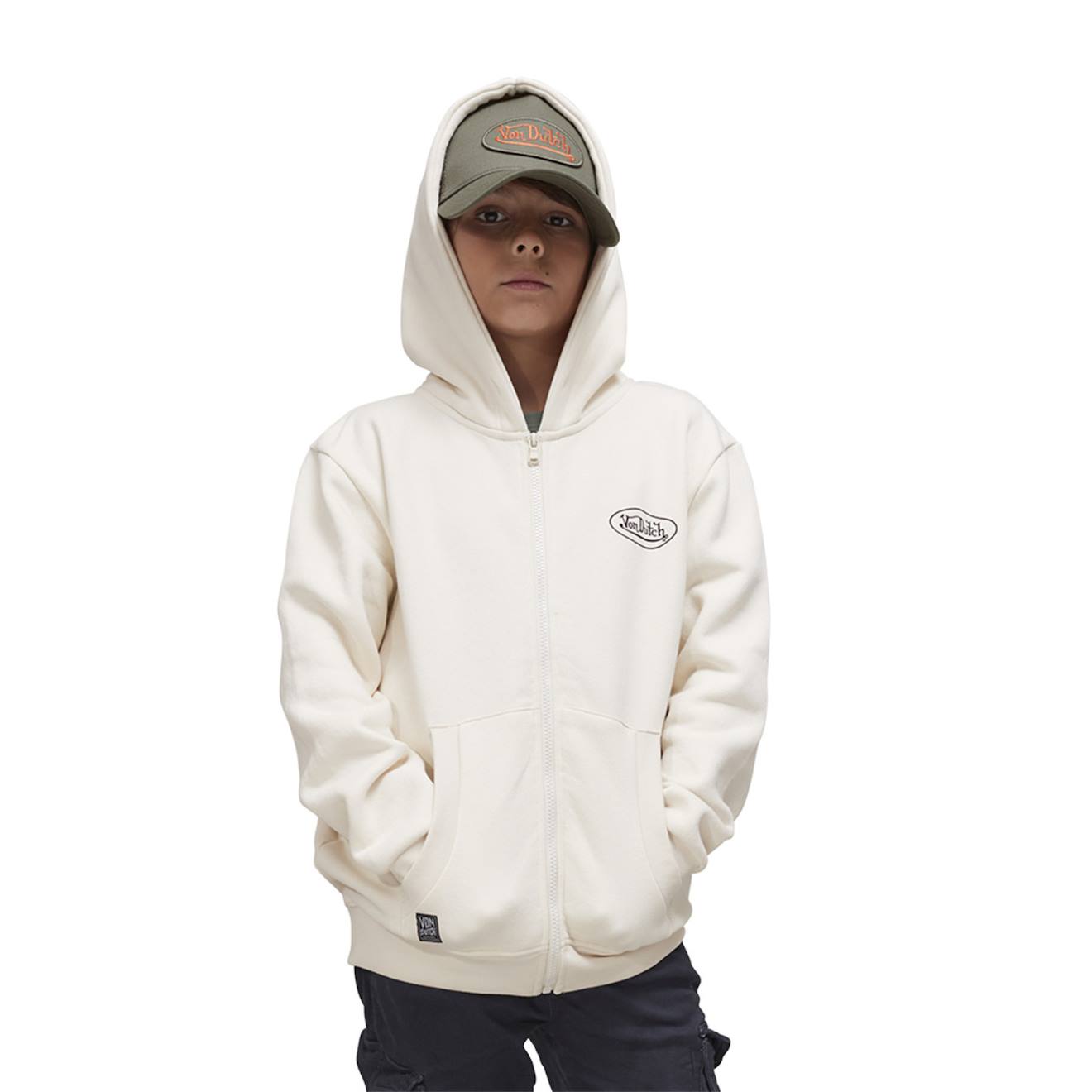 Sweat Zippé À Col Rond Et Capuche Von Dutch Slimane Blanc Crème/noir
