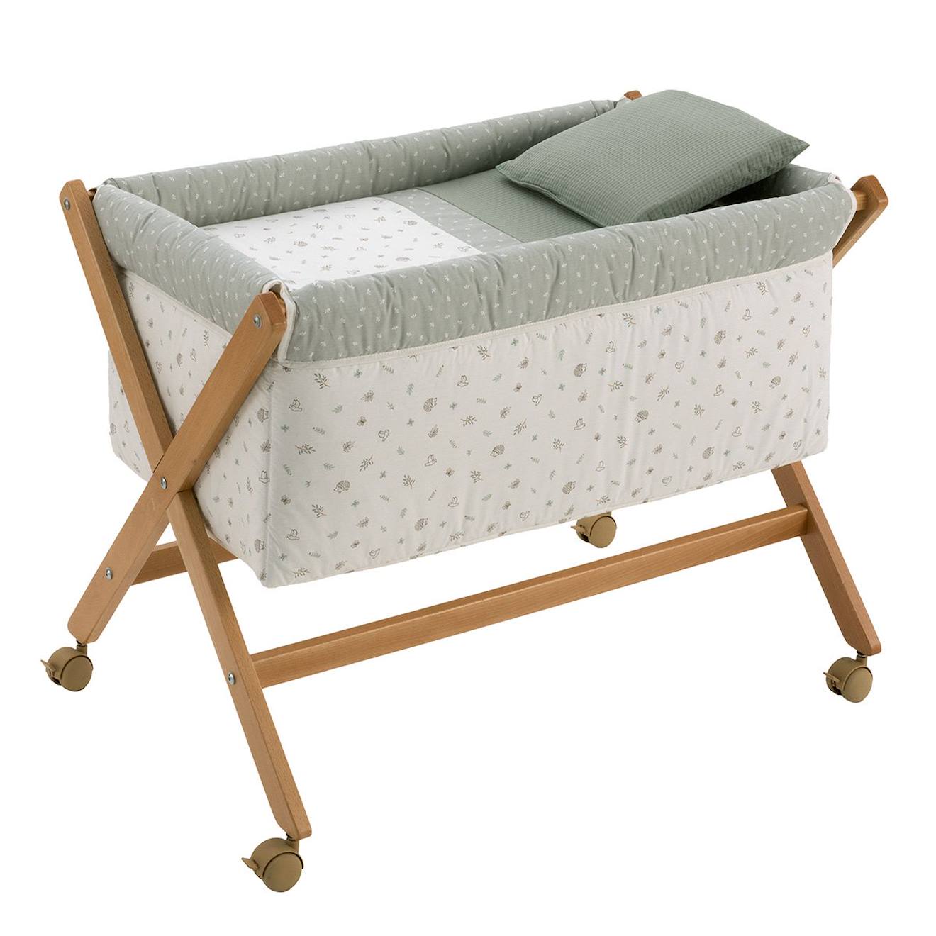 Berceau À Pieds Croisés En Bois De Hêtre Avec Roulettes Et Matelas Beige / Vert / Blanc À Motifs