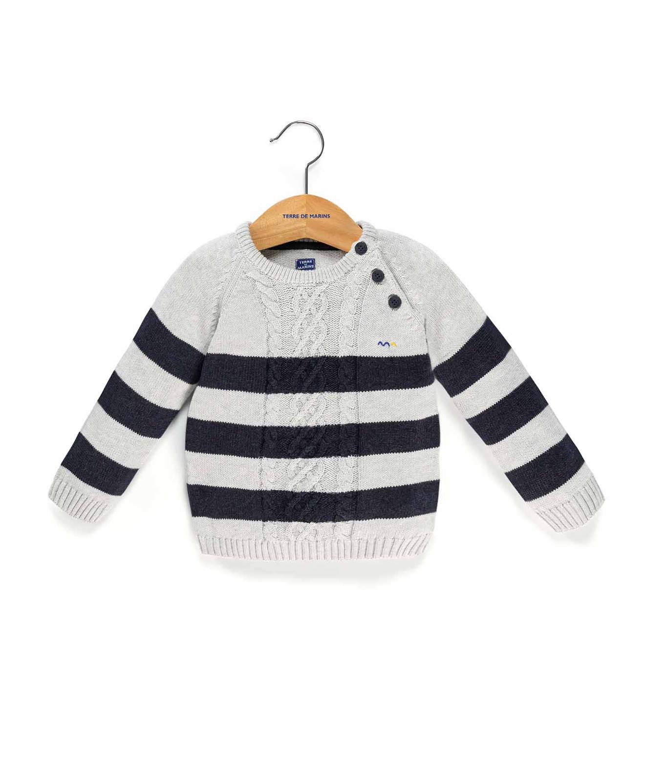 Pull 100% Coton Bébé Garçon Fond Gris Chine Raye Indigo
