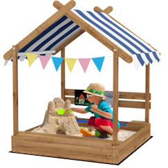 Jouet-Jeux de plein air-Aires de jeux-Bac à sable bois forme de maison auvent 2 bacs évier tableau noir fanions