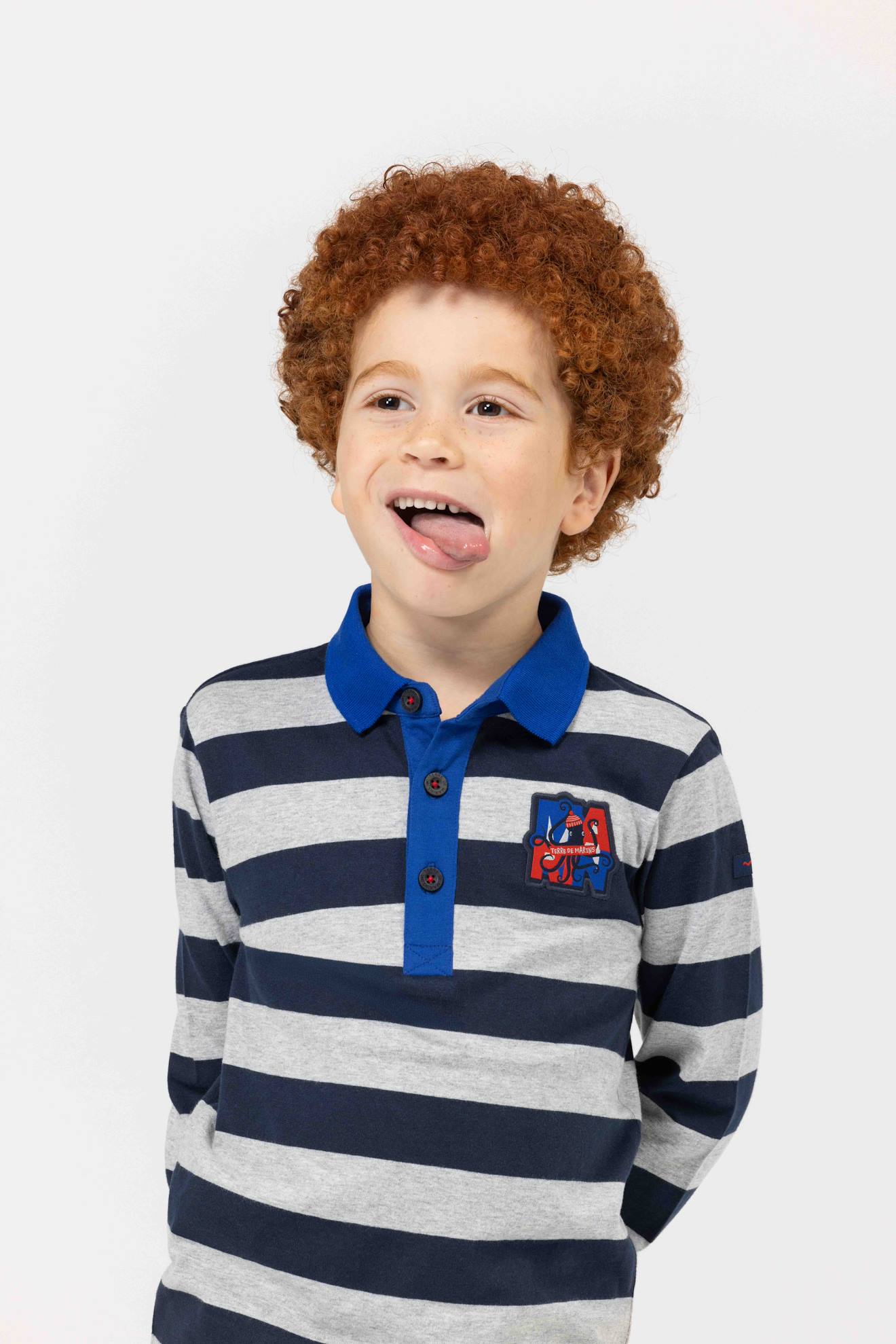 Polo Manches Longues 100 Coton Garon Fond Gris Chine Raye Indigo 15 €