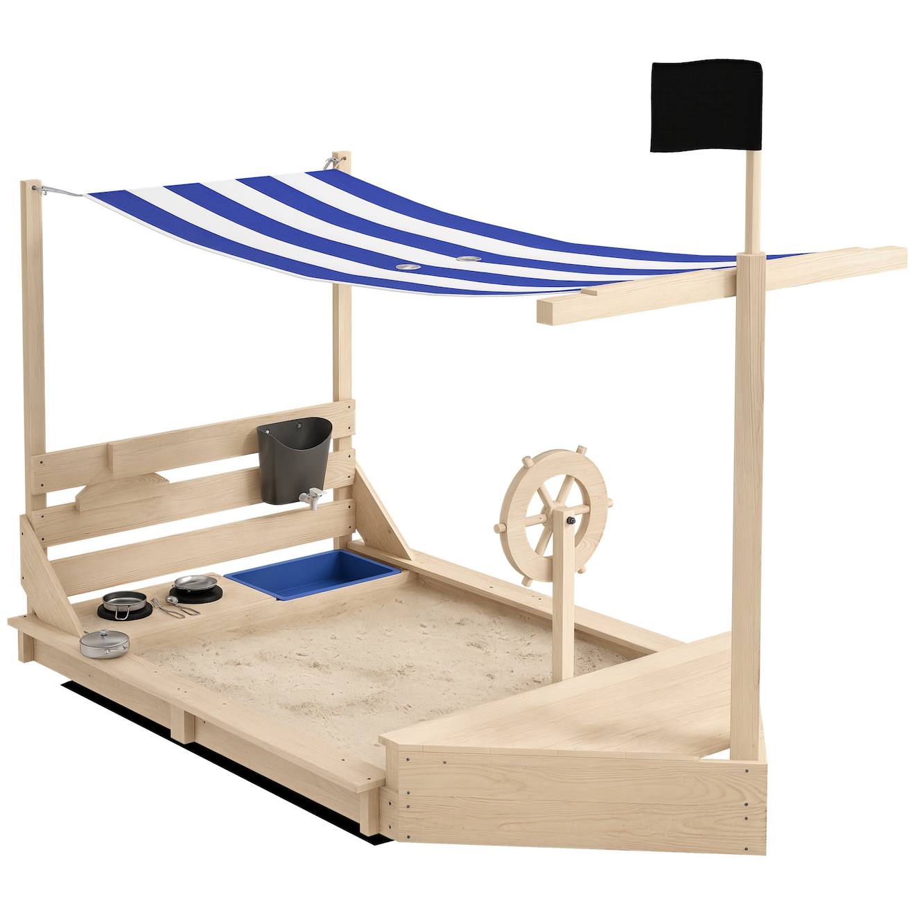 Bac À Sable Bateau De Pirate En Bois Avec Jeu De Cuisine Et 6 Accessoires Beige