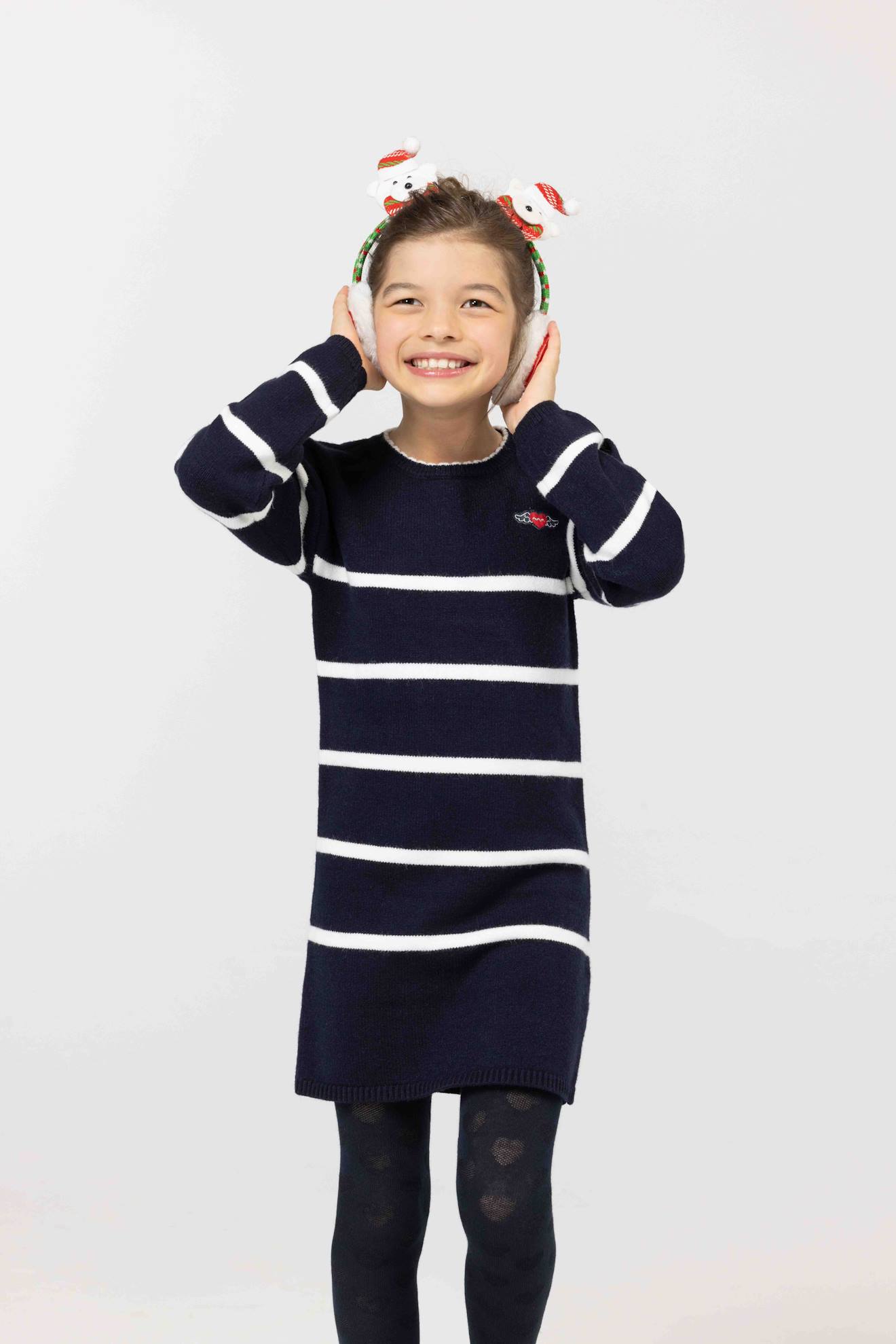 Robe Manches Longues Fille Fond Indigo Raye Blanc Casse