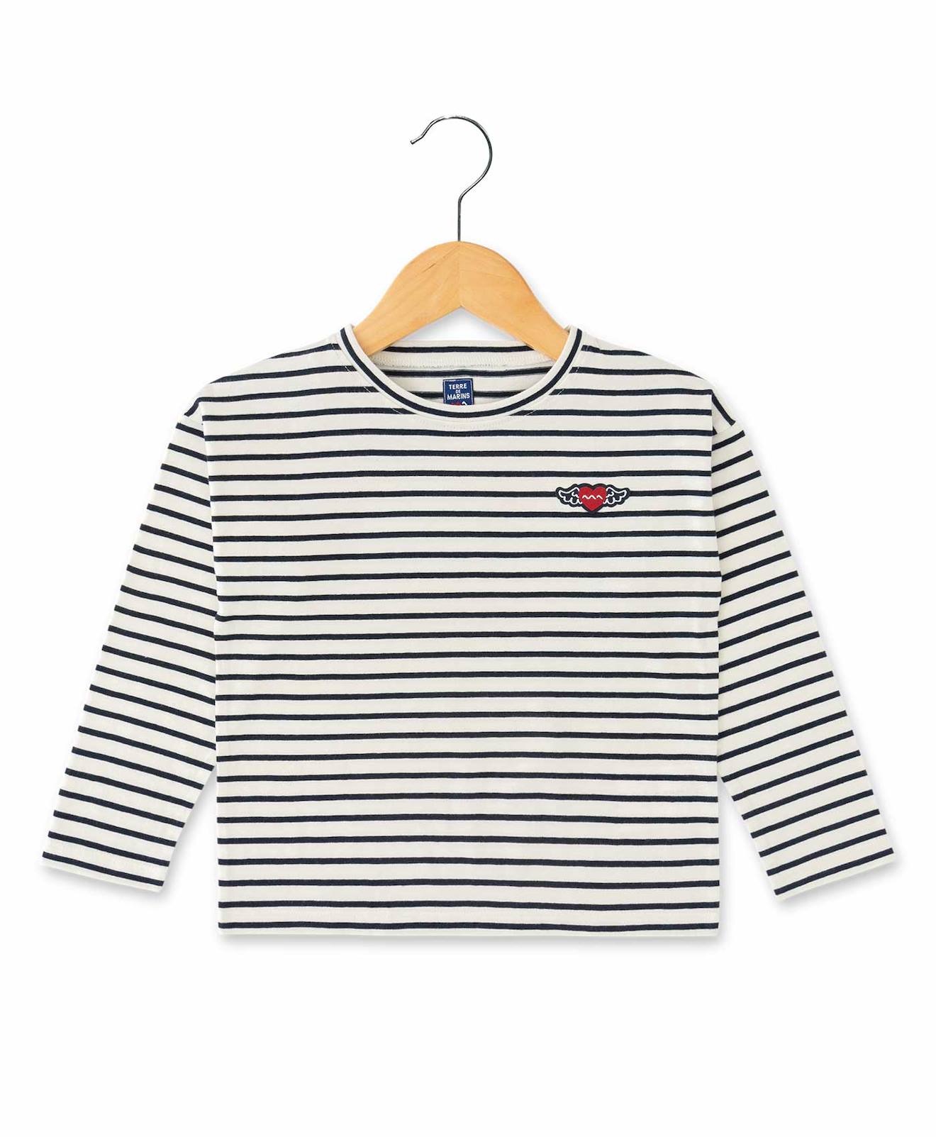 Mariniere Manches Longues 100% Coton Fille Fond Blanc Casse Raye Indigo
