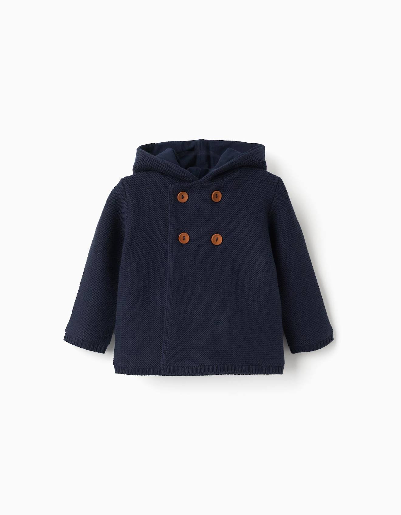 Gilet En Maille Avec Capuche Et Pompon Bleu Foncé