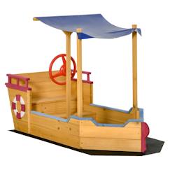 Jouet-Bac à sable bateau de pirate en bois - voile d'ombrage, coffre rangement, gouvernail - bois sapin pré-huilé