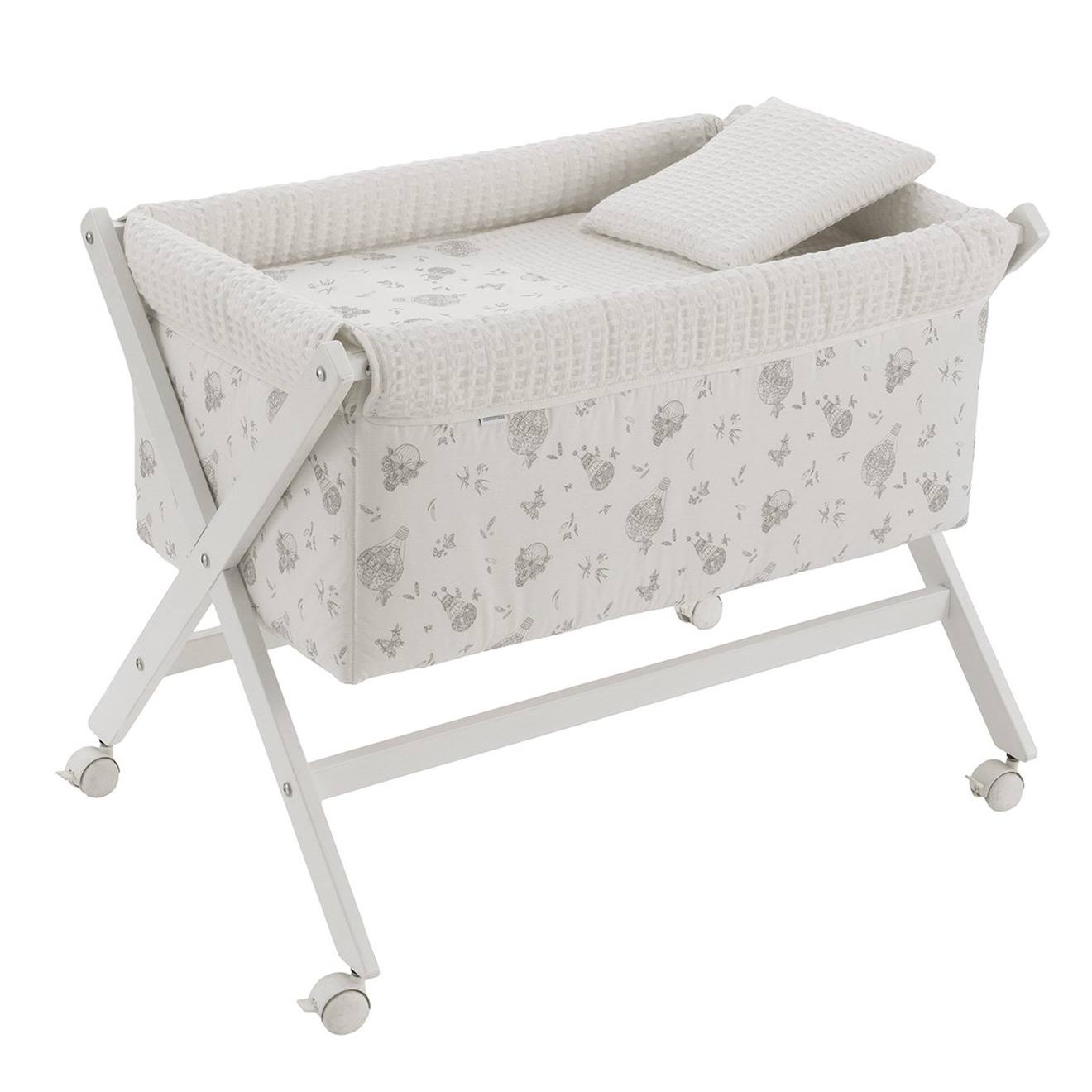 Berceau À Pieds Croisés En Bois De Hêtre Avec Roulettes Et Matelas Blanc / Gris