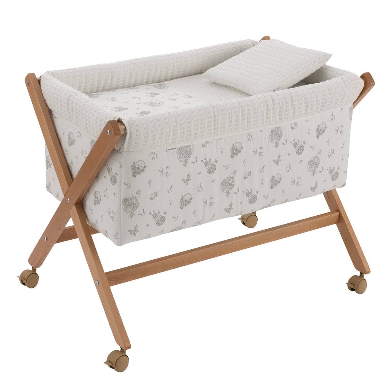 Berceau À Pieds Croisés En Bois De Hêtre Avec Roulettes Et Matelas Beige / Blanc / Gris