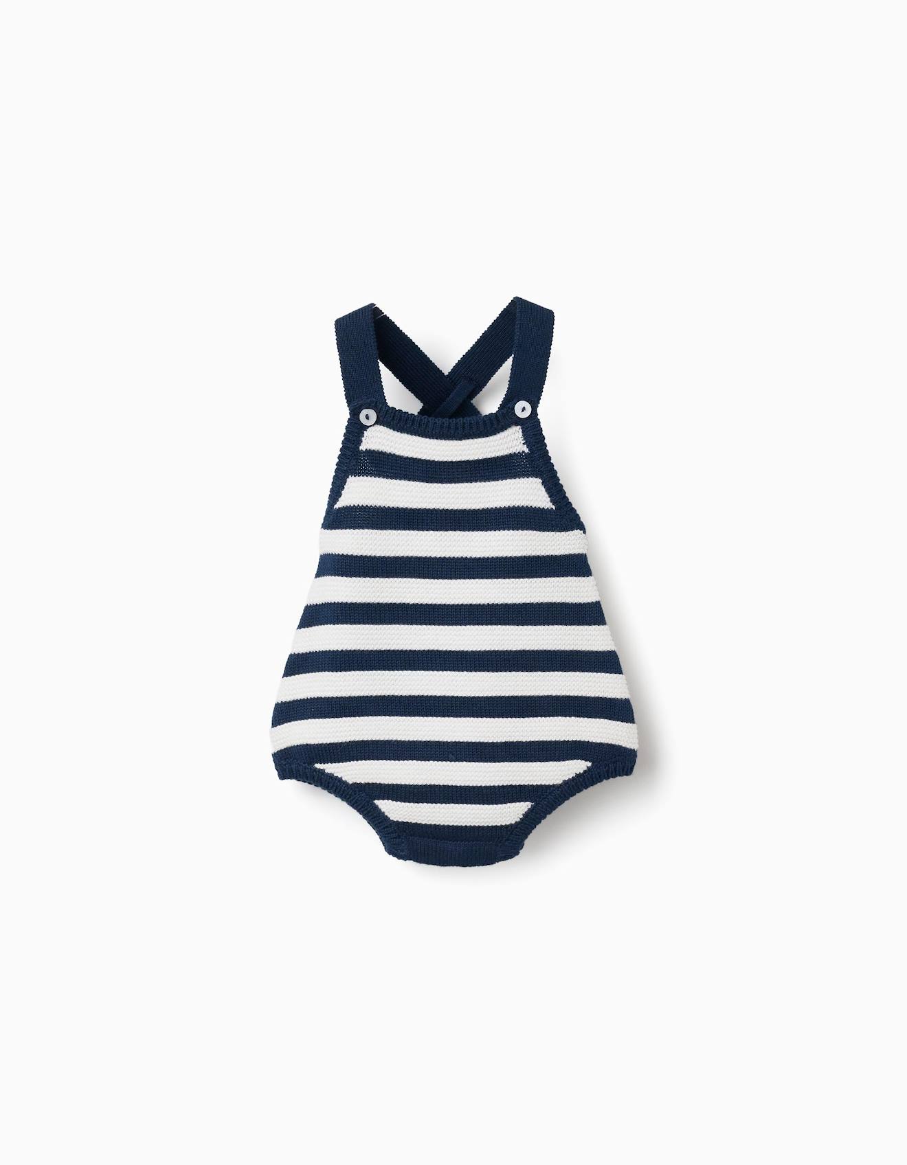 Barboteuse En Maille De Coton À Rayures Bleu Foncé
