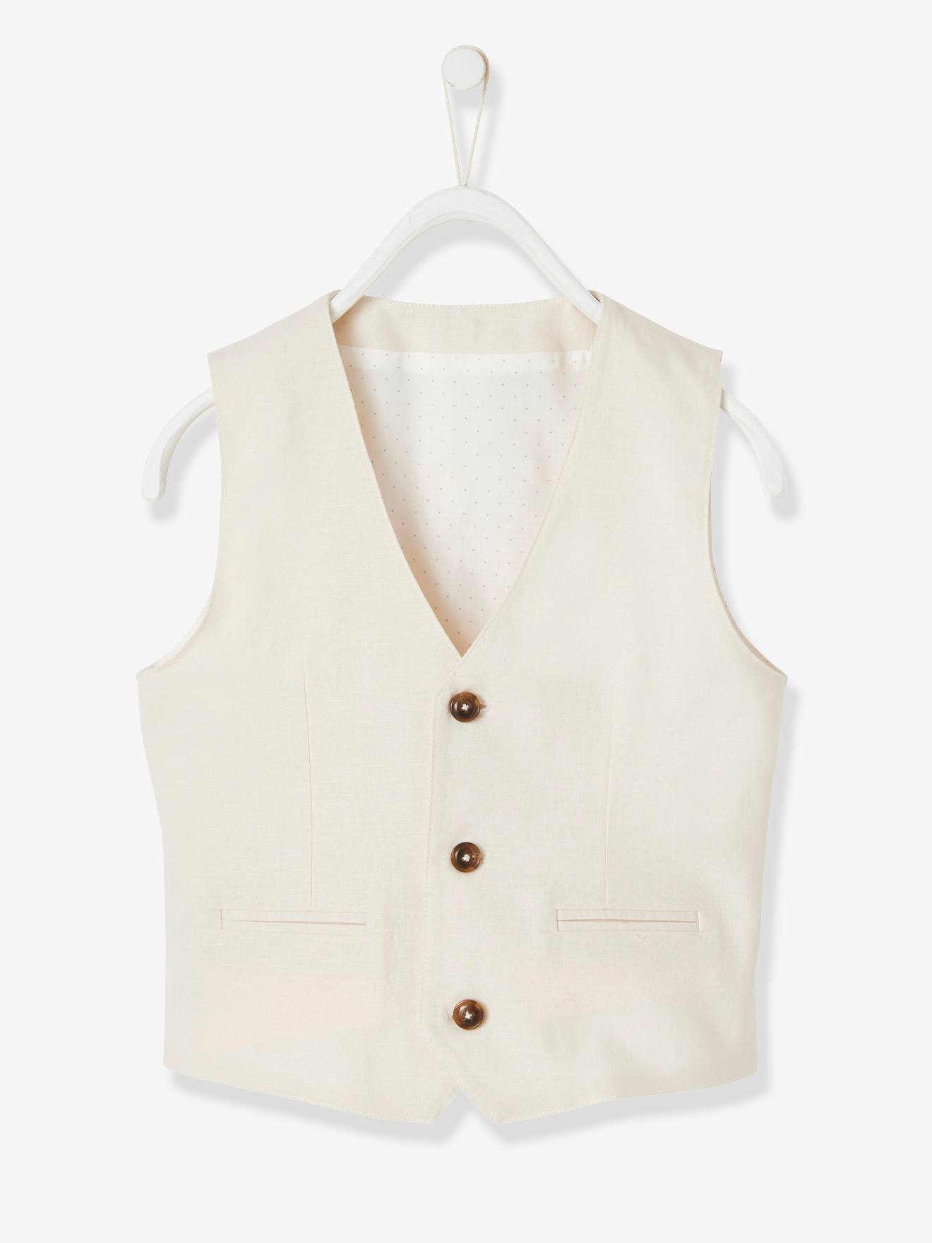 Veste garçon cérémonie sans manches en coton/ lin beige clair