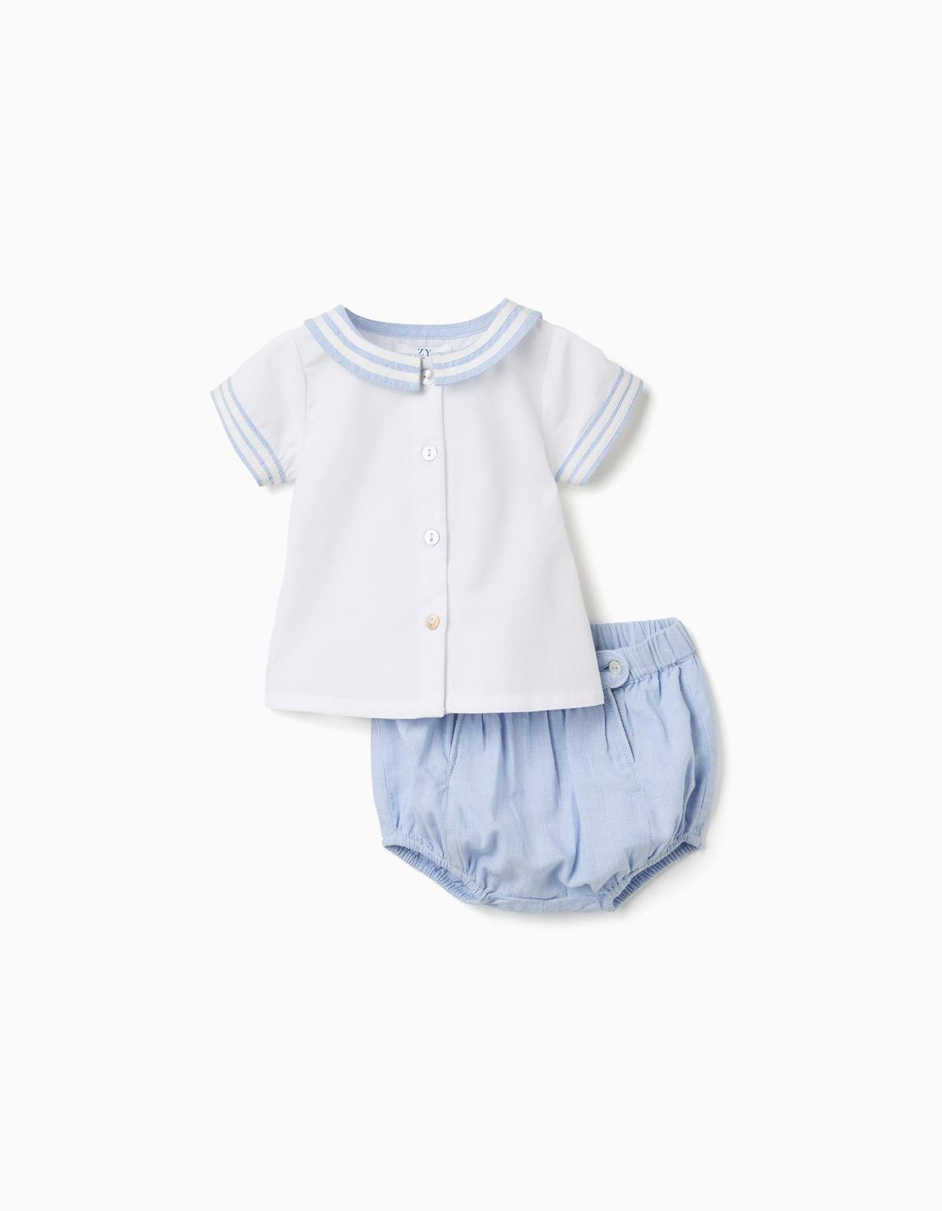 Chemise À Manches Courtes + Short En Coton Bleu Clair