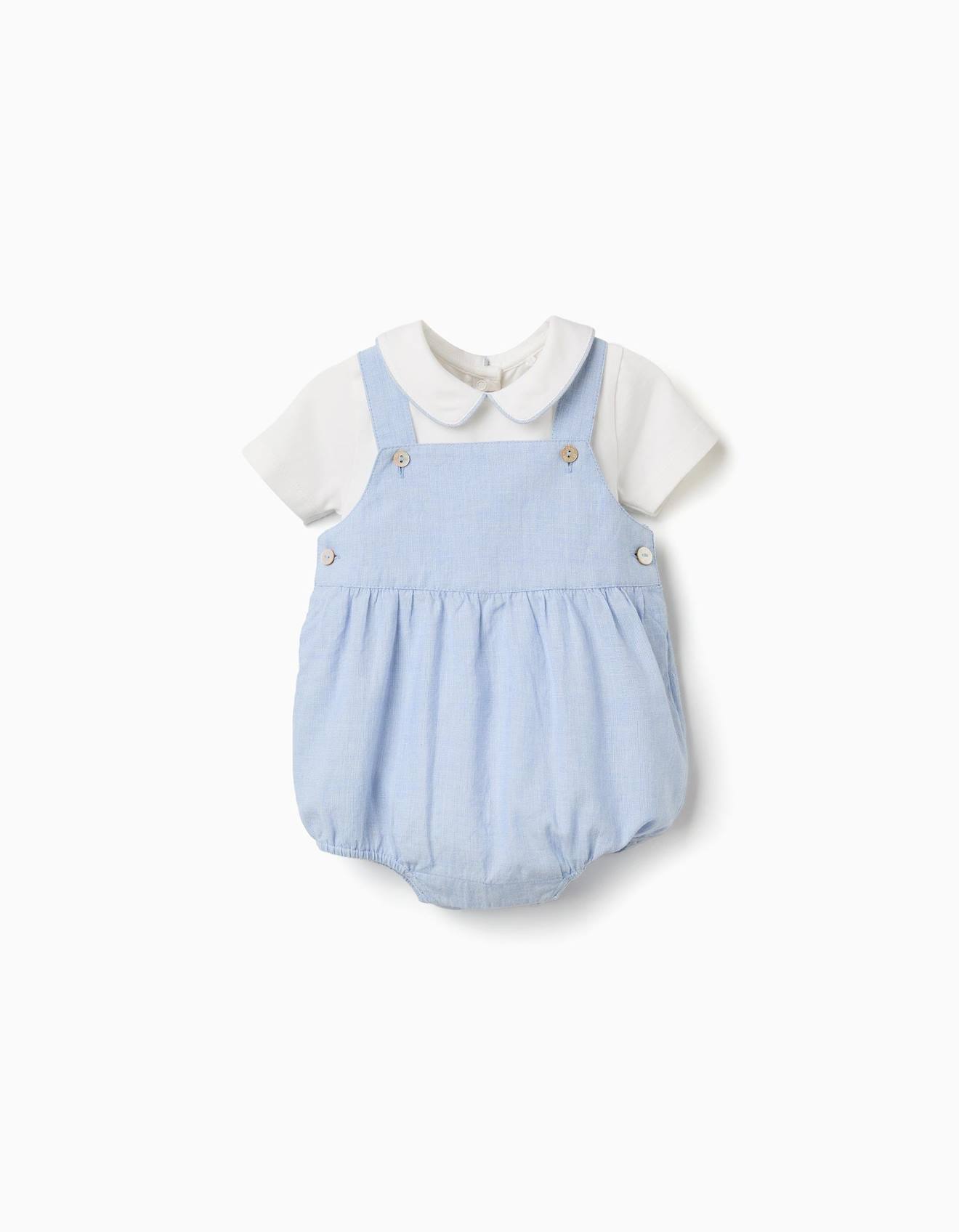 Ensemble Body À Manches Courtes + Barboteuse En Coton Bleu Clair