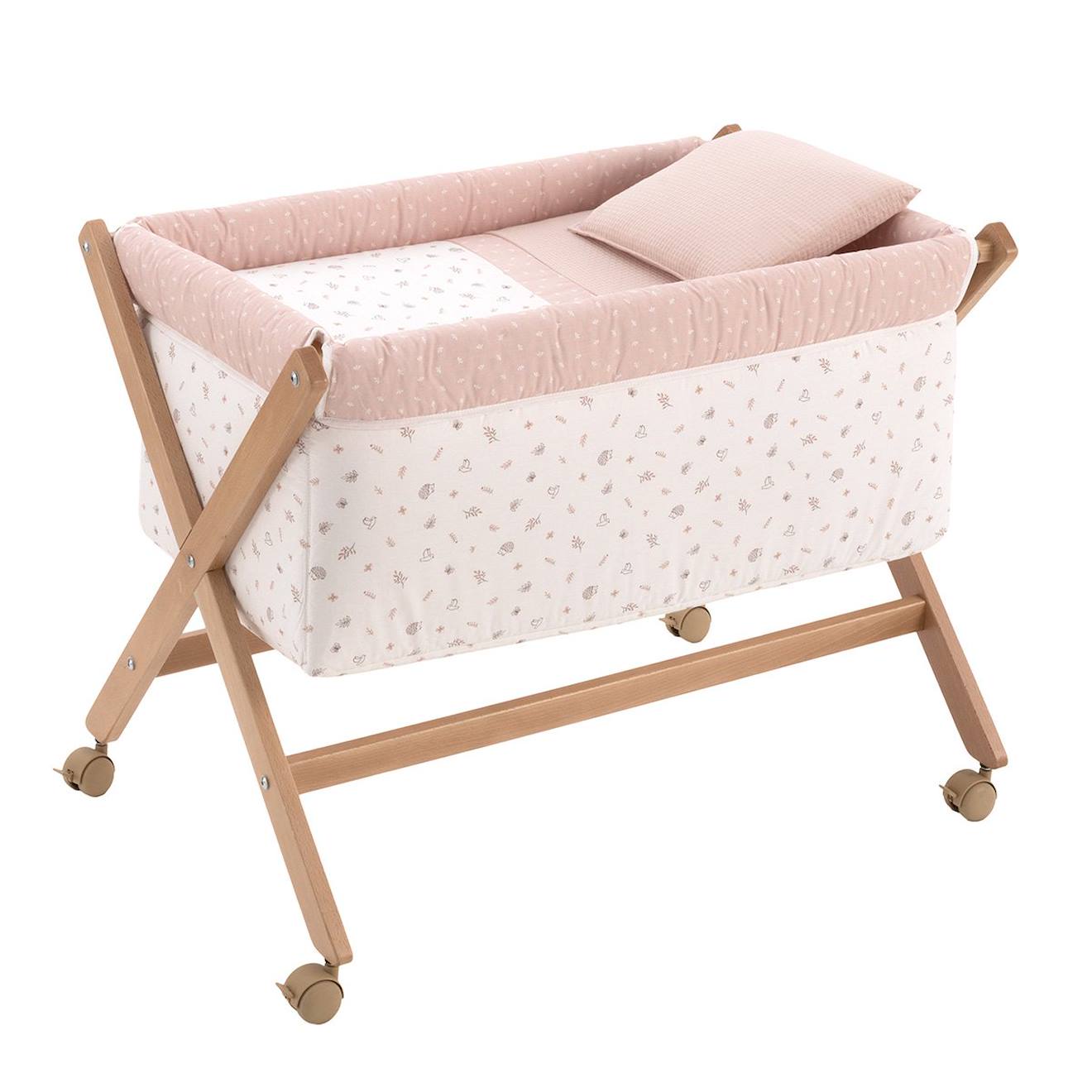 Berceau À Pieds Croisés En Bois De Hêtre Avec Roulettes Et Matelas Beige / Blanc / Rose