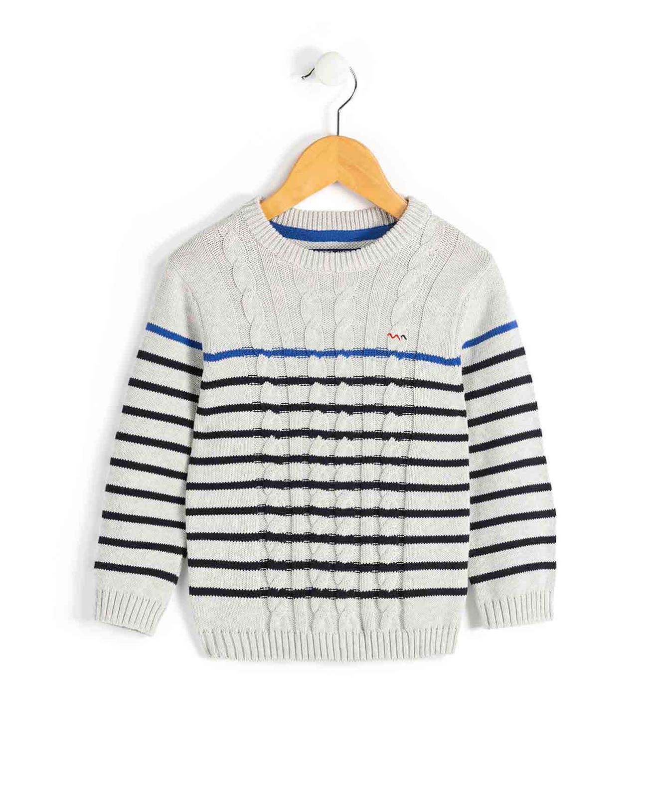 Pull Garçon Fond Gris Chine Raye Indigo
