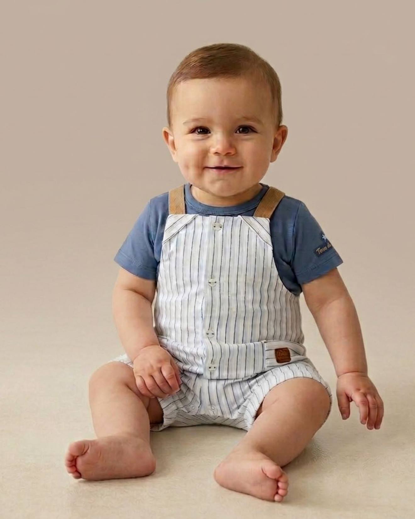 Ensemble Salopette + Haut 100% Coton Bébé Garçon Raye Blanc / Bleu