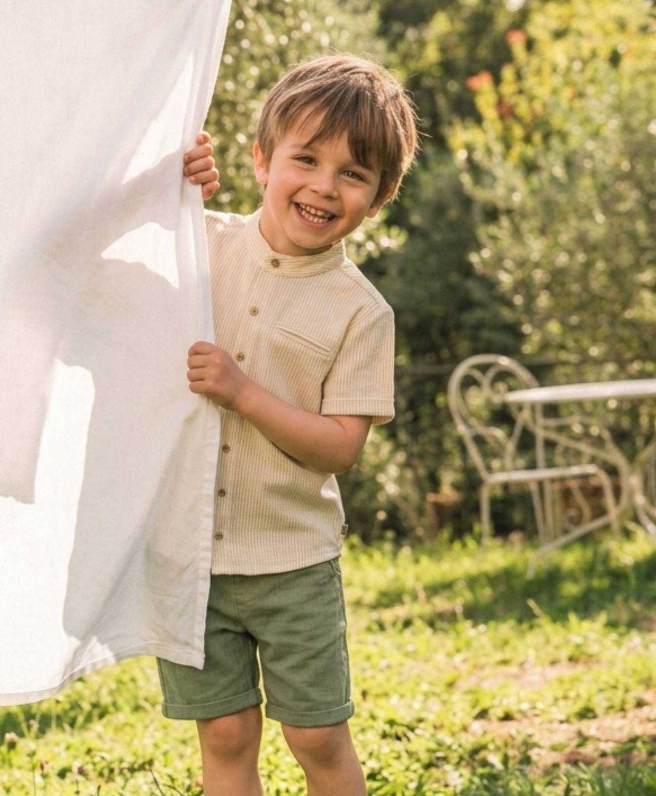 Chemise Manches Courtes 100% Coton Garçon Fond Grege Raye Beige