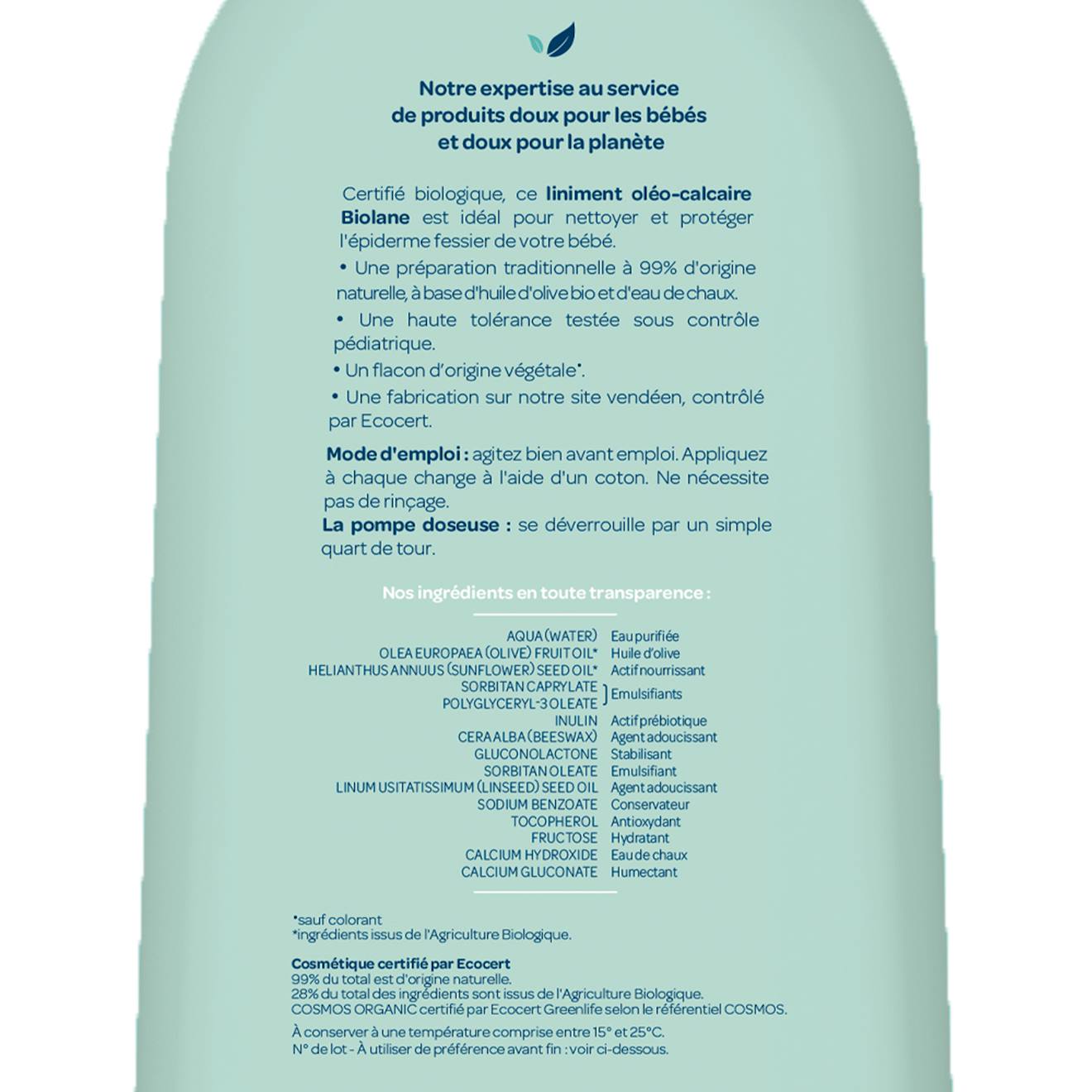 Liniment Oléo-calcaire Certifié Biologique 500ml Vert (Biolane) - Image 2