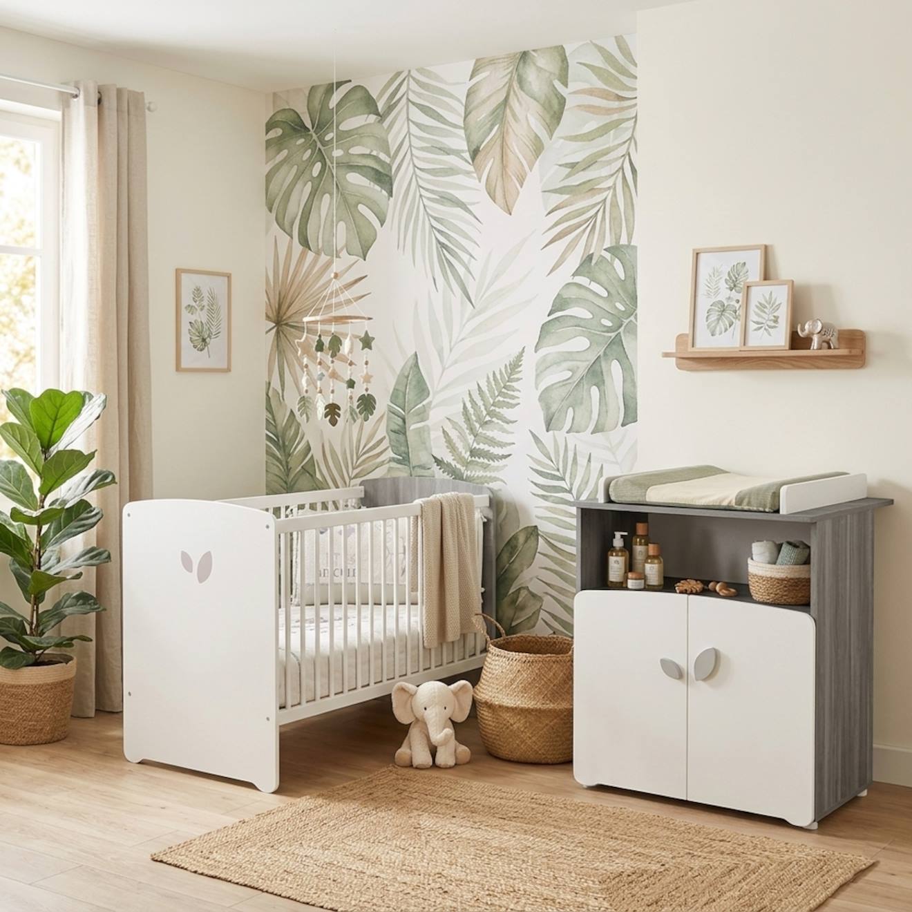 Chambre Duo Lit Et Commode À Langer En Bois - Leaf Blanc