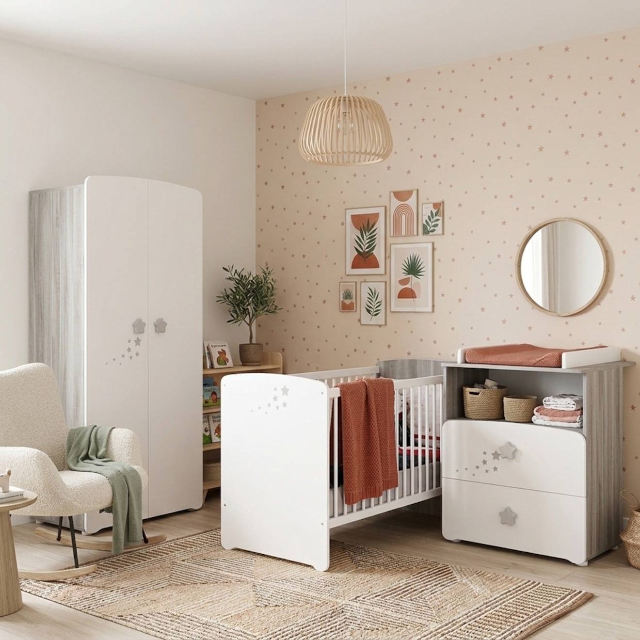 Chambre Trio Lit Et Commode Et Armoire En Bois - Nao Blanc