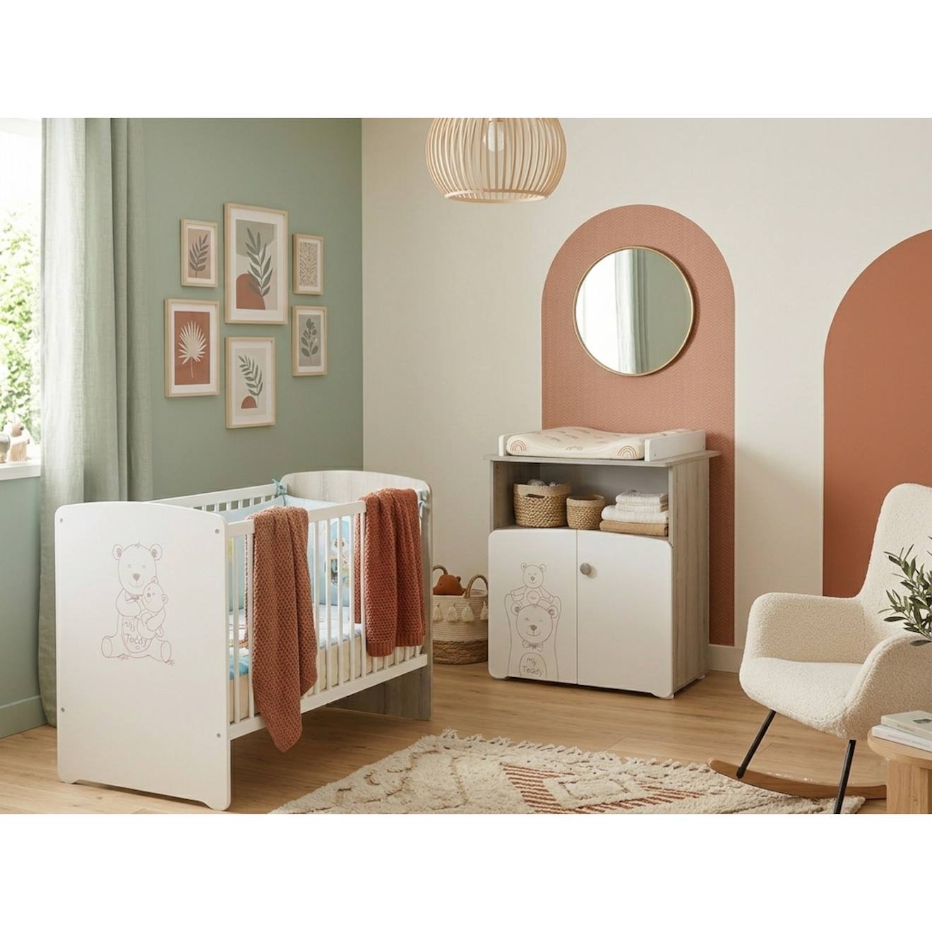Chambre Duo Lit Et Commode À Langer En Bois - Teddy Blanc