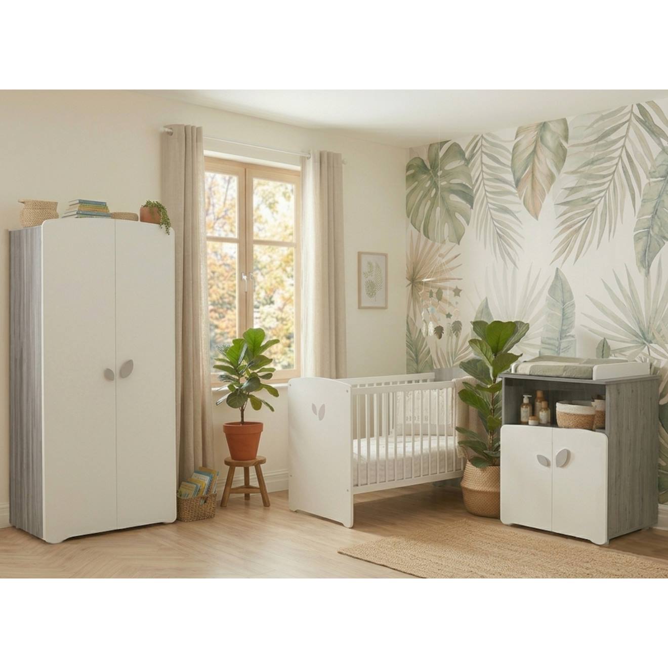 Chambre Trio Lit Et Commode À Langer En Bois - Leaf Blanc