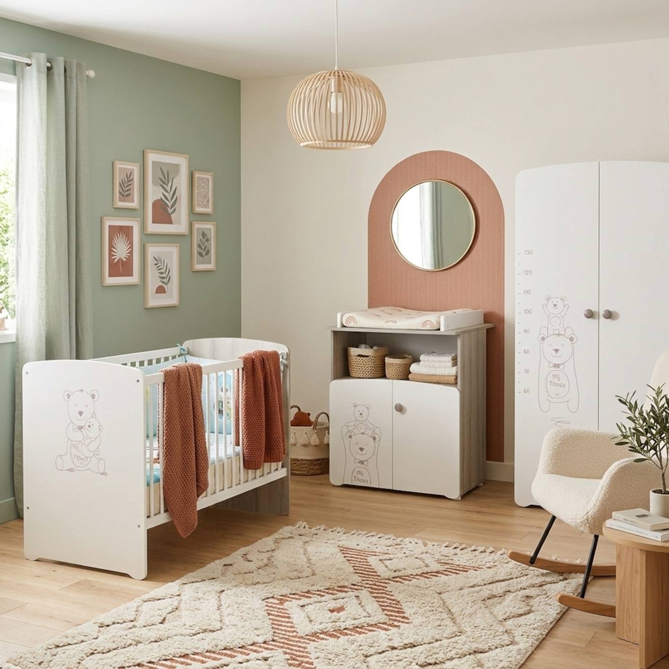 Chambre Trio Lit Et Commode Et Armoire En Bois - Teddy Blanc