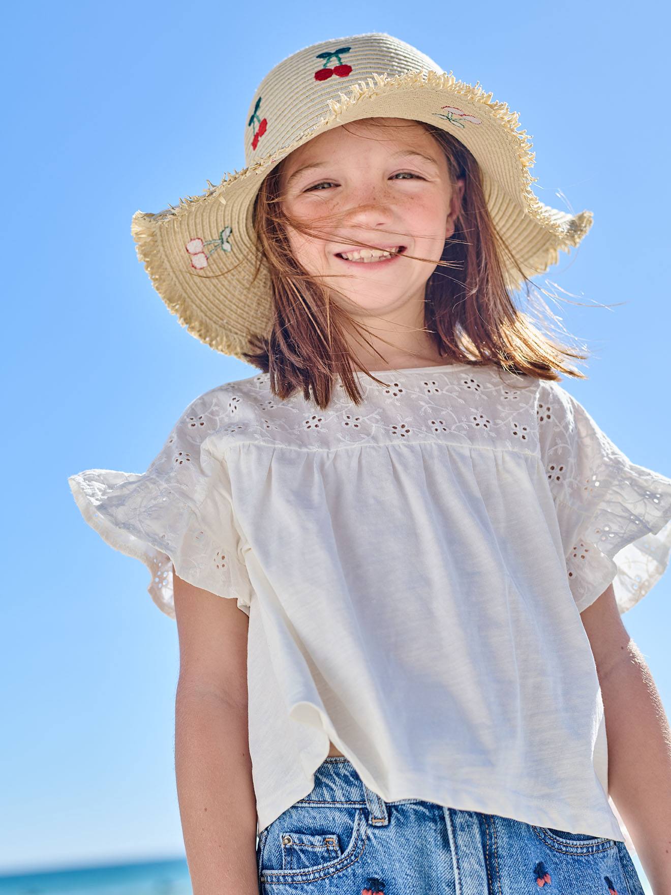 T-shirt fille manches détails brodés écru